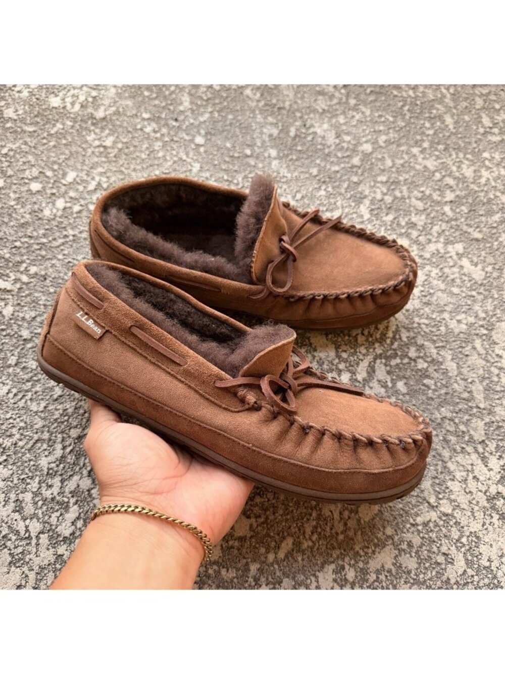 LL Bean Slippers Men Size 8 Med  Shoes Brown Sheepskin Shearling Moccasins